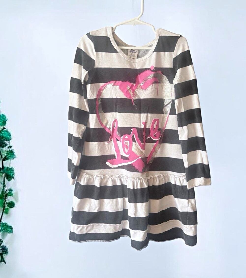 Miss Attitude Girls Striped Fit & Flare Long Sleeve Ruffle Heart Dress, 7/8